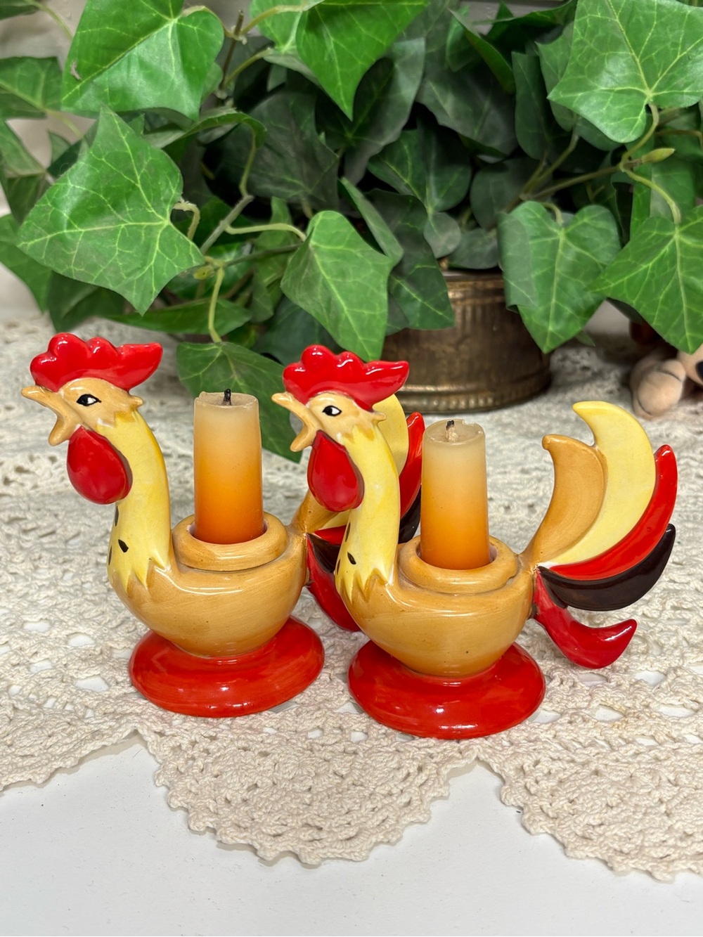 Handpainted Rooster Ceramic Candle Holders in Red and Yellow - Home Accents